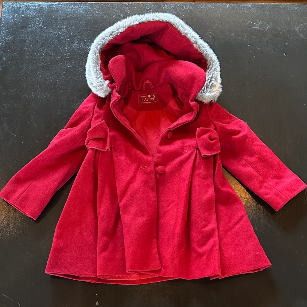 Lapin Kids Red Hooded Coat with Fur Trim
